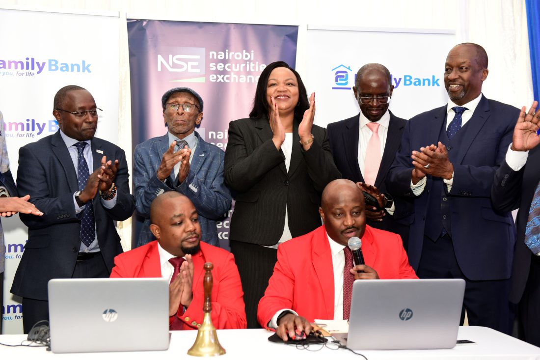NSE CEO Frank Mwiti, Family Bank Founder T.K. Muya, CEO Nancy Njau, CBK Chair Andrew Musangi & NSE Chair Kiprono Kittony join Brian Mutunga & Tony Waweru during the listing of the bank’s shares