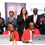NSE CEO Frank Mwiti, Family Bank Founder T.K. Muya, CEO Nancy Njau, CBK Chair Andrew Musangi & NSE Chair Kiprono Kittony join Brian Mutunga & Tony Waweru during the listing of the bank’s shares