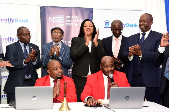 NSE CEO Frank Mwiti, Family Bank Founder T.K. Muya, CEO Nancy Njau, CBK Chair Andrew Musangi & NSE Chair Kiprono Kittony join Brian Mutunga & Tony Waweru during the listing of the bank’s shares