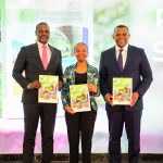 1. KenGen Managing Director and CEO Eng. Peter Njenga (Right) poses with Principal Secretary State Department for Environment and Climate Change Eng. Festus Ngeno (left) and UN Global Compact Kenya Executive Director Judy Njino during the launch of KenGen's inaugural Sustainability report at Karura Forest in Nairobi.