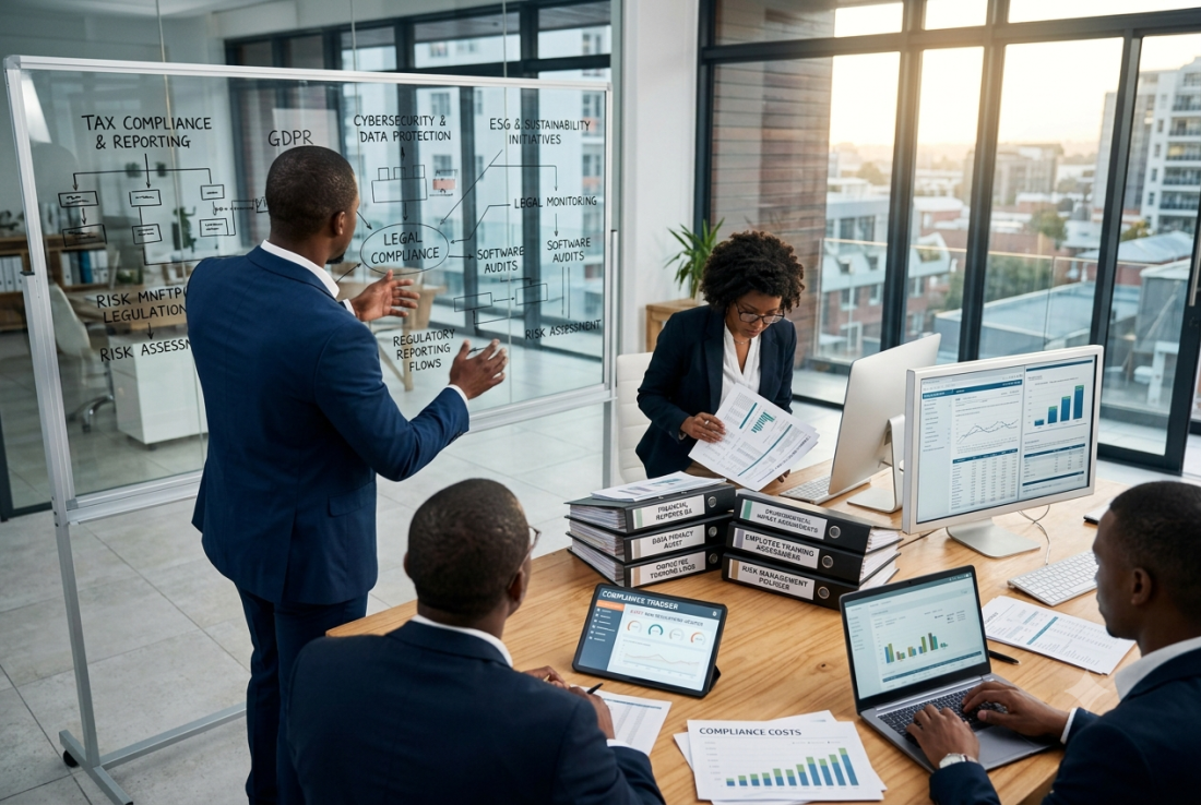 Black professionals work on corporate compliance strategies together.