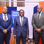 Octagon Africa Head of Asset Consulting and Unit Trust, Mwendwa Mutisya, Octagon Africa Group CEO Fred Waswa and Old Mutual Kenya Senior Portfolio Manager David Kyalo during the launch of the Octagon Unit Trust in Nairobi.