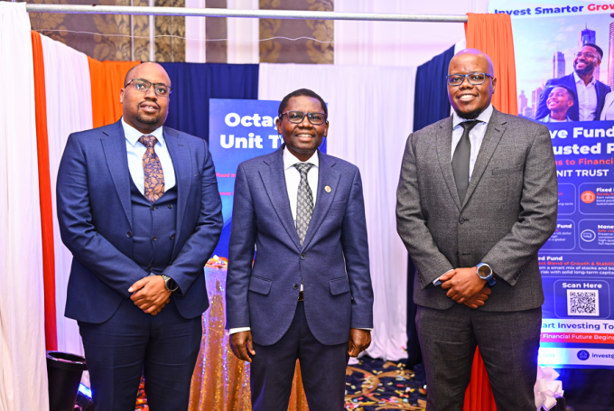 Octagon Africa Head of Asset Consulting and Unit Trust, Mwendwa Mutisya, Octagon Africa Group CEO Fred Waswa and Old Mutual Kenya Senior Portfolio Manager David Kyalo during the launch of the Octagon Unit Trust in Nairobi.
