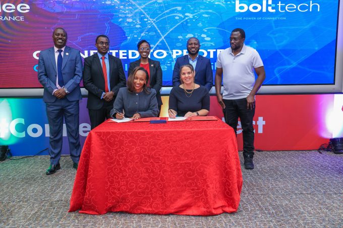 Jubilee Health Insurance CEO Njeri Jomo(seated left) and Boltech Africa General Manager Bente Krogmann during the partnership signing deal as other officials look on.