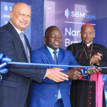 SBM Bank Kenya CEO Bhartesh Shah, Laikipia Governor Joshua Irungu and Nyeri Catholic Archbishop Anthony Muheria