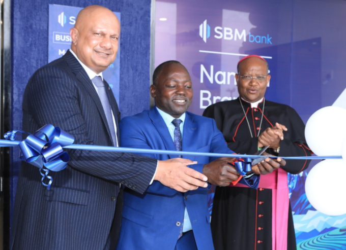 SBM Bank Kenya CEO Bhartesh Shah, Laikipia Governor Joshua Irungu and Nyeri Catholic Archbishop Anthony Muheria