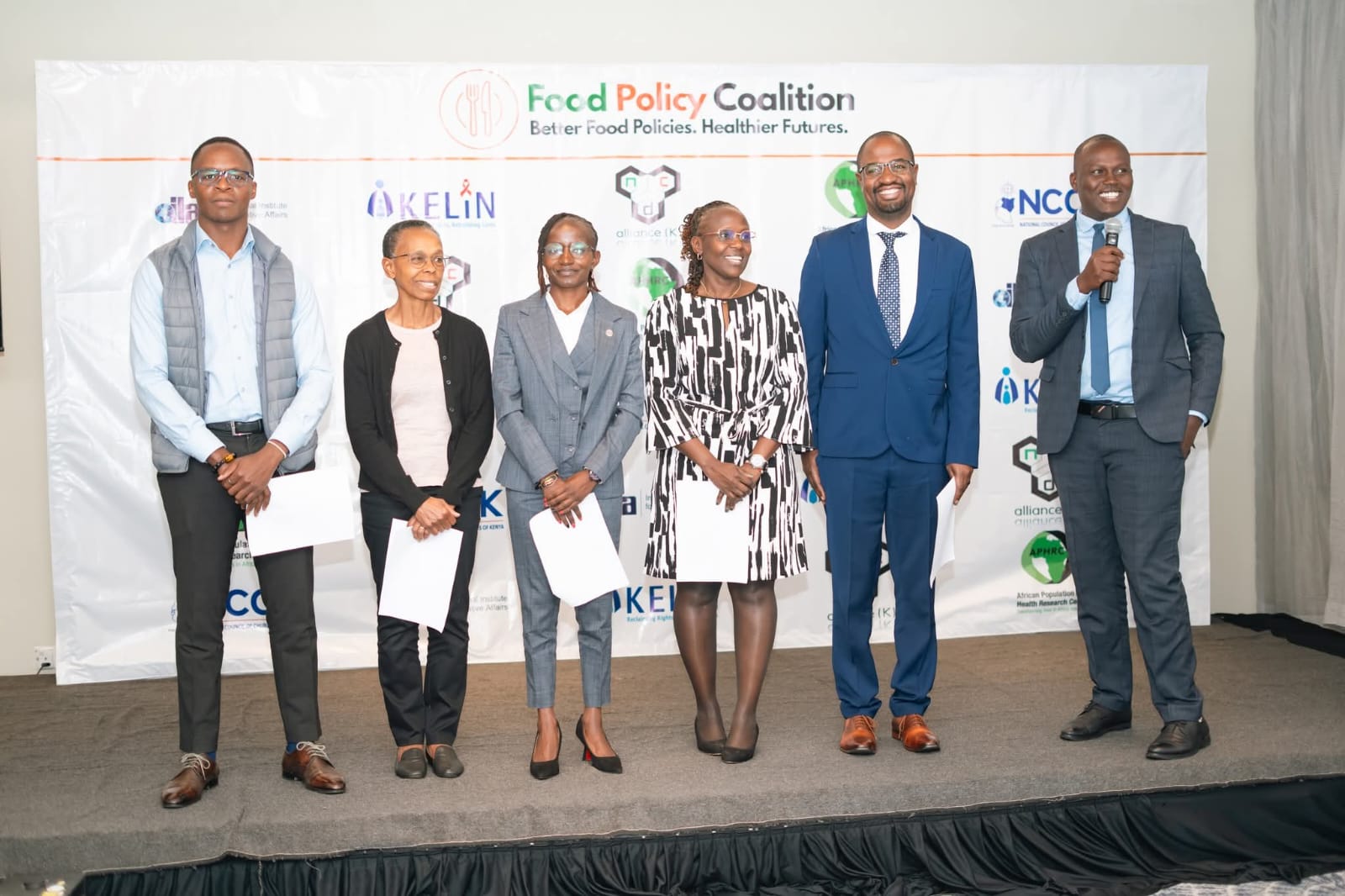 L=R: Fabian Oriri- APHRC, Dr. Catherine Karekezi-NCD Alliance, Rev. Jacky Makena-NCCK, Celine Awuor- IILA, Allan Maleche-KELIN, Daniel Kituu- Healthy Food Advocate