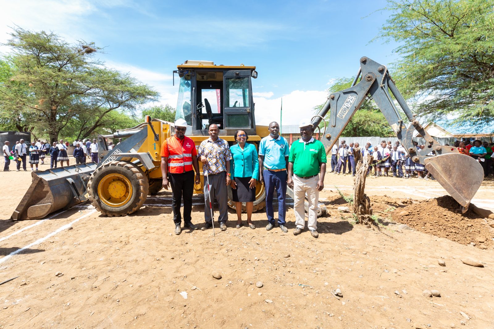 (L-R) Airtel Money Kenya Acting MD Bonke Michael, Marigat Special School for the Visually Impaired Headteacher George Lekumbe, Baringo South Director of Education Everlyn Ketter, Marigat Integrated Primary Head of Institution Geoffrey Chepkuto & ChildFund Kenya Programs & Sponsorship Director Eric Oyoo during the groundbreaking