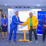 Eng. Ronoh Kibet, OGW, KenGen’s Ag. Managing Director and CEO shakes with James Ngomeli, Convener, Sustainability Brands Awards, Brands and Beyond, during the SEC media launch at KenGen HQ in Nairobi. Looking on are members from KenGen and Brands & Beyond.