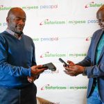 From left, Agosta Liko-Founder Pesapal & James Maitai-Group Chief Technology Officer Safaricom PLC, during the launch of the next generation MPESA payment experience